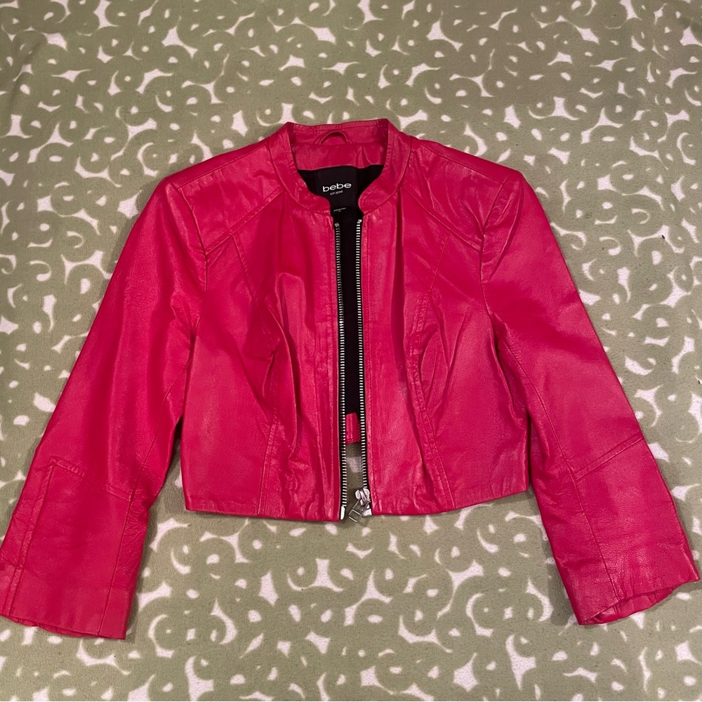 Bebe genuine leather zip cropped jacket 3/4 sleeve red silver XS lined